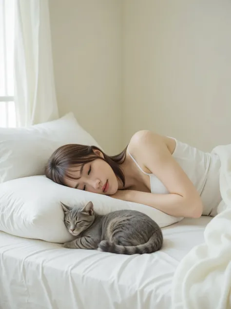 A young woman with long dark hair lies asleep on a white bed with crisp white sheets and a plush comforter. A grey tabby cat curls up next to the woman's pillow, also sleeping peacefully. The bedroom setting features soft, diffused natural light coming thr...