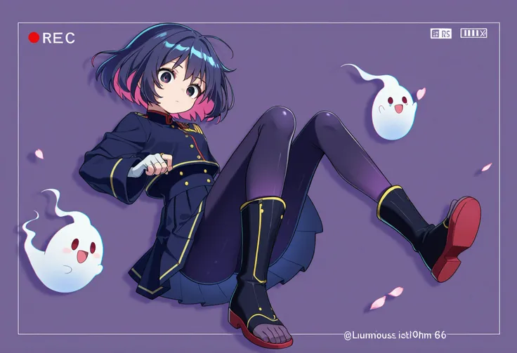 Anime Masterpiece、Highest Quality、super high resolution、clean line、Cell painting +soft gradation、Neon Tone。
tight framing 。A medium shot at eye level。twisting her body slightly and looking at the camera。1 cute ghost girl floating around、Bad look with dark...