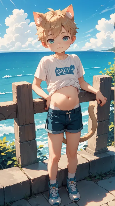 cat ears, cat tail, shota boy , 10 years, 10+, Cute, stands leaning on a stone fence, sea,  belly, short shorts, 
