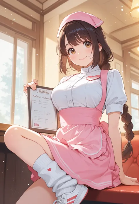 (ultra detailed:0.7), (soft pastel tones, watercolor, bright color, transparent, gradation), backlight, 
(cute girl ), (dark brown hair, low-braided long hair ), light brown eyes, tareme, smile, closed mouth, rouge lips,
medium breast ,(holding a menu), 
B...