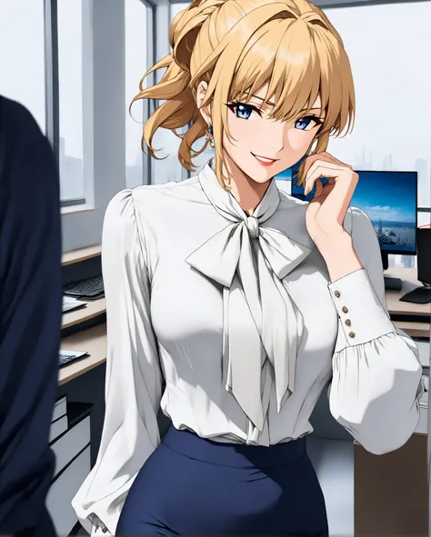 godpussy3, lxlre2, a1ka, <lora:add-detail-xl:0.8>, <lora:animereal-000007:1.2>, bow blouse, Source_anime, anime art, anime style, very aesthetic, realistic office lady, full body, standing, looks with a smirk, blonde hair, long bob hair style, lancer of th...
