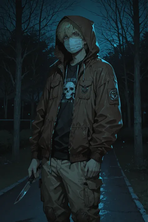 1man, methhead, thug, brown jacket, sport jacket, hood up, stubble on the face, blonde hair, grey eyes, surgical mask, frown, brown pants, cargo pants, holding a knife, one knife, switchblade, dark, outdoors, in park, night, standing, staring at viewer, sl...