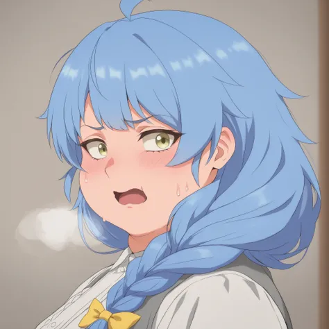 masterpiece, best quality, aparida rain, long hair, bangs, green eyes, blue hair, yellow eyes, braid, ahoge, hair bow, grey eyes, single braid, yellow bow, braided ponytail, mature female, small breasts, round face, swollen face, determined bulging belly,...