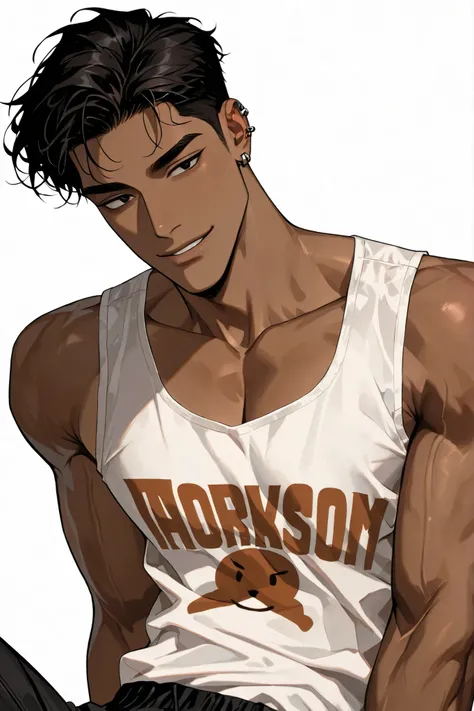 A handsome Korean adult male with dark hair and dark eyes has healthy tanned skin, a confident and proud impression, has a stupid smile, wears comfortable clothes in a sleeveless style with an expensive but awkward print, and has a skinny body., white back...