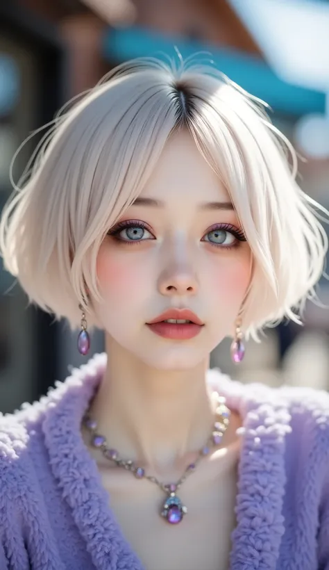 8k, masterpiece, Highest Quality, Beautiful Korean Woman, low angle, white hair,  fringe , Rainbow, purple, Blue, eyeshadow, sparkle, sparkling, pink-purple lips, sparkle, Glamorous Jewelry, chandelier earrings that star in Rawhide, necklace, pearlescent, ...