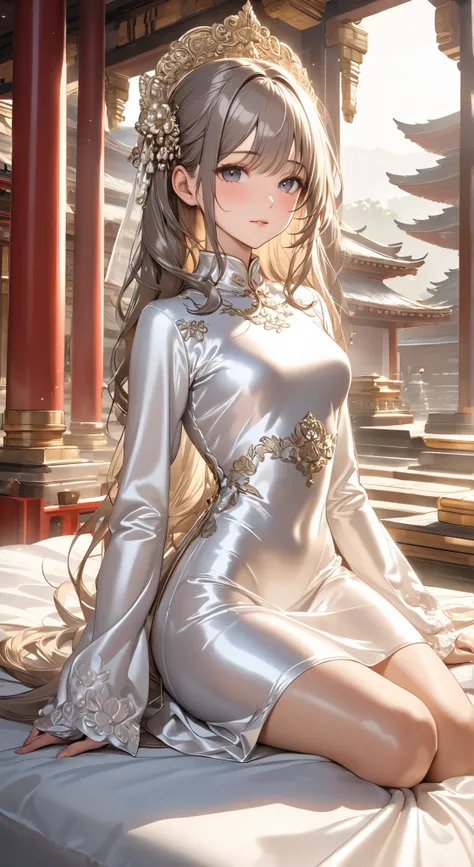 portrait 、god々Shining Light、( masterpiece, Highest Quality, super high resolution ),very detailed CG, Japanese Women,(( beautiful face)),(( long sleeve long sleeve dress、made of shiny white silk satin in a luxurious temple))、((dress has a simple design w...