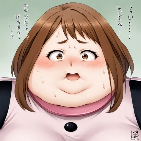  uraraka ochako, solo, 1girl, uravity outfit, belt, determined bulging belly, fat, chubby, obese, open mouth, out of breath, absurdres,confused, blush, {flustered}, nervous sweating, portrait, pov belly, averting eyes, [looking away], straight-on, from sid...