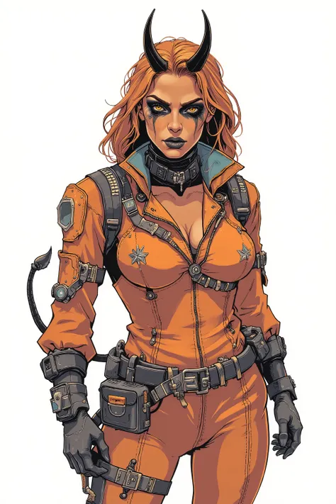 Nonove Vzrat, infernal engineer, demon woman, orange skin, small black horns, soot-smeared face, rugged and sharp-eyed, cave explorer, miner and field medic, heat-resistant jumpsuit, sexy space suit, cleavage, standing, blank background