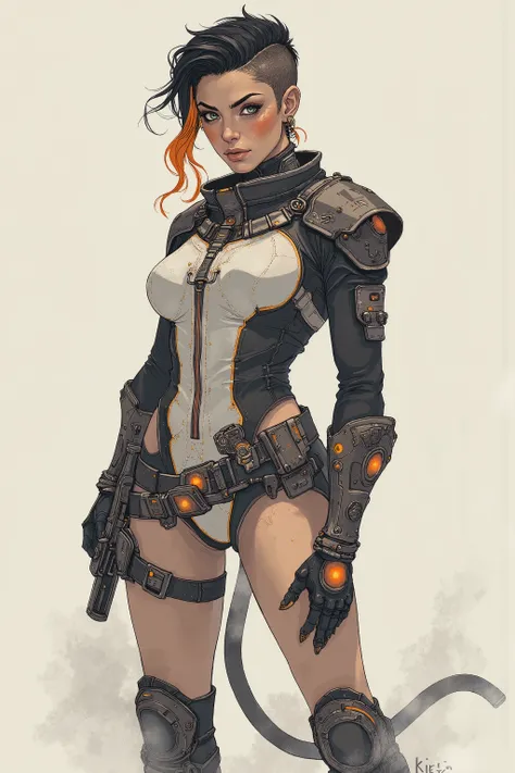 Freya Dunn, rugged woman, dark hair, asymmetric shaved hair, miner, survivalist, focused, capable, orange highlights, sexy space suit, cleavage, cameltoe, standing, blank background