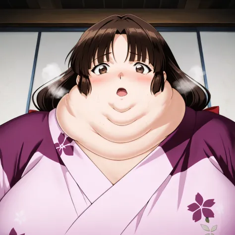anime screencap, score_9, score_8_up, score_7_up, source_anime BREAK sango, 1girl, solo, brown hair, parted bangs, low-tied long hair, brown eyes, pink kimono, wearing a kimono
,masterpiece,best quality,amazing quality,bulging belly, fat, chubby, obese, op...
