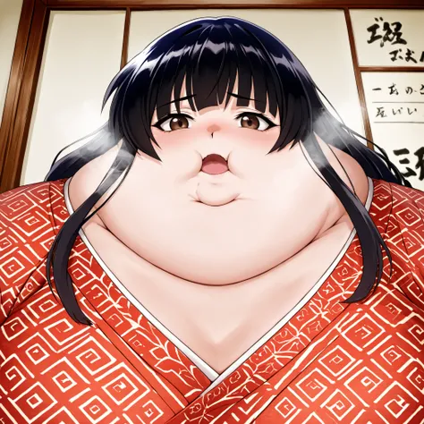 score_9, score_8_up, score_7_up, score_6_up, score_5_up, score_4_up, BREAK, source_anime, 1girl, kagomehigurashi, bangs, black hair, long hair, brown eyes, wearing a kimono
,masterpiece,best quality,amazing quality,bulging belly, fat, chubby, obese, open m...