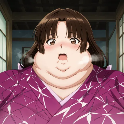 anime screencap, score_9, score_8_up, score_7_up, source_anime BREAK sango, 1girl, solo, brown hair, parted bangs, low-tied long hair, brown eyes, pink kimono, wearing a kimono
,masterpiece,best quality,amazing quality,bulging belly, fat, chubby, obese, op...