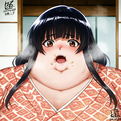 score_9, score_8_up, score_7_up, score_6_up, score_5_up, score_4_up, BREAK, source_anime, 1girl, kagomehigurashi, bangs, black hair, long hair, brown eyes, wearing a kimono
,masterpiece,best quality,amazing quality,bulging belly, fat, chubby, obese, open m...