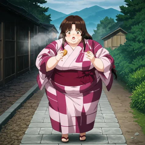 anime screencap, score_9, score_8_up, score_7_up, source_anime BREAK sango, 1girl, solo, brown hair, parted bangs, low-tied long hair, brown eyes, pink kimono, wearing a kimono
,masterpiece,best quality,amazing quality,bulging belly, fat, chubby, obese, op...