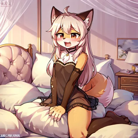 masterpiece，Best of quality，herself of, beast wild, Hairy of woman, Wolf-eared ax detail), ( Any Pillow Background of Light））, a cute girl in a shift dress posing on a pillow, shift dress，Nature of&#39;Ace blushed),a smile，Pillow,（many pillows），soft pads，（...