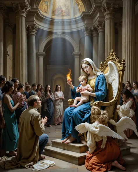 A Lucid Realism painting depicts Saint Louis Marie de Montfort kneeling in a grand basilica, offering a flaming heart to the Child Jesus, who is seated on the Madonna's lap. The Madonna is enthroned on an ornate, gilded throne. Two angels, with feathered w...