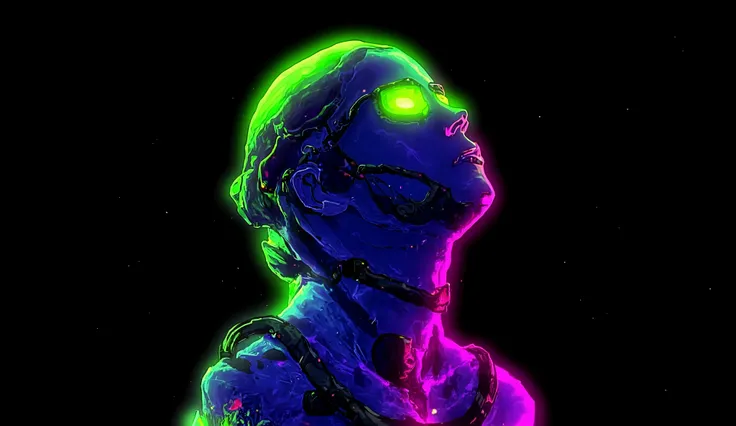 
The image presents a striking portrait of a cyborg woman, rendered in a vibrant cyberpunk style. The color palette is dominated by bold neon hues of green, purple, and blue, creating a visually arresting and futuristic aesthetic. The woman's face is parti...