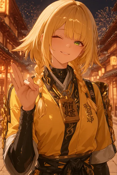 A vibrant anime-style illustration depicts a young woman with shiny gold hair styled in braids that flow vigorously behind her. Her fringe is nicely cut across her forehead, and she uses a playful expression, blinking with your green eyes as you raise your...