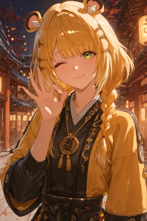 A vibrant anime-style illustration depicts a young woman with shiny gold hair styled in braids that flow vigorously behind her, with small, round tiger ears. Her fringe is nicely cut across her forehead, and she uses a playful expression, blinking with you...