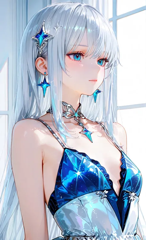 beautiful petite girl with long silky silver hair, sparkling sapphire blue eyes like gemstones, height 156cm, B-cup, delicate facial features, soft glossy skin, highly detailed textures, wearing an elegant dress, soft lighting, ultra high resolution, background softly blurred to enhance focus on the character, semi-realistic anime style, 3:4 aspect ratio,