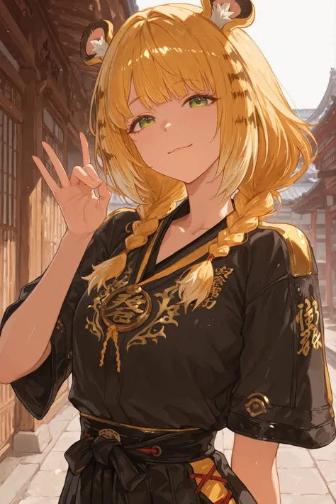 A vibrant anime-style illustration depicts a young woman with shiny gold hair styled in braids that flow vigorously behind her, with small, round tiger ears. Her fringe is nicely cut across her forehead, and she uses a playful expression, blinking with you...