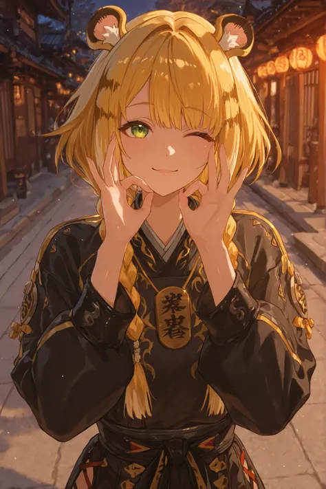A vibrant anime-style illustration depicts a young woman with shiny gold hair styled in braids that flow vigorously behind her, with small, round tiger ears. Her fringe is nicely cut across her forehead, and she uses a playful expression, blinking with you...