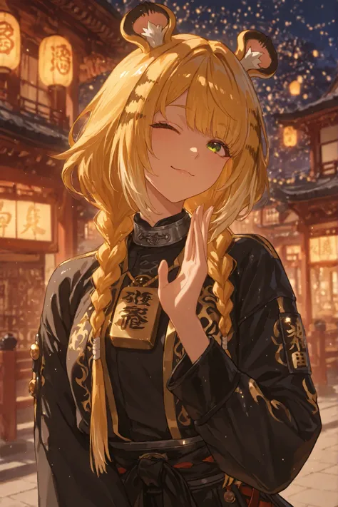 A vibrant anime-style illustration depicts a young woman with shiny gold hair styled in braids that flow vigorously behind her, with small, round tiger ears. Her fringe is nicely cut across her forehead, and she uses a playful expression, blinking with you...