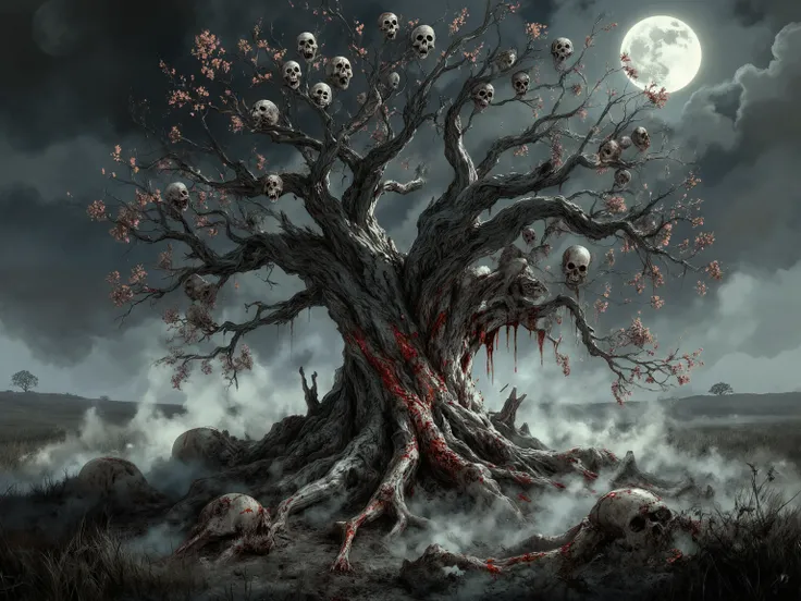 Masterpiece, best quality, ultra-detailed dark fantasy horror scene: a massive, twisted cursed tree stands at the center of a desolate field, its sprawling branches heavy with countless human skulls blooming like grotesque fruit. The gnarled bark is streak...