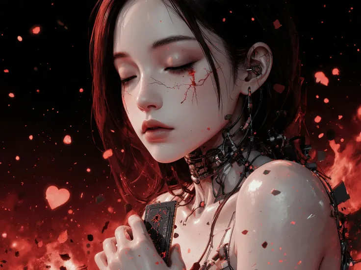 a pale android girl sitting alone in an infinite crimson and black void, surrounded by gently falling glitch particles like burning embers, her eyes closed, wires from her back vanishing into the red-hued darkness, holding a cracked memory chip close to he...