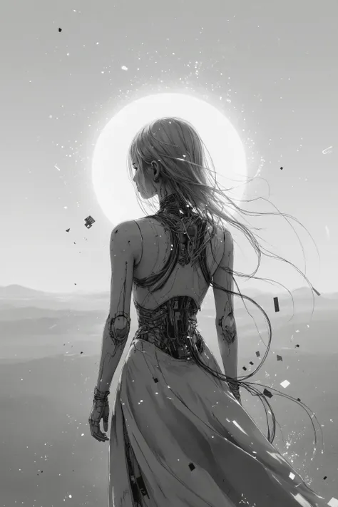 a pale android girl standing alone in an infinite monochrome void, seen from behind, her long hair gently drifting in the still air, wires extending from her back vanishing into the horizon like fading thoughts, glitch particles falling like slow, silent a...