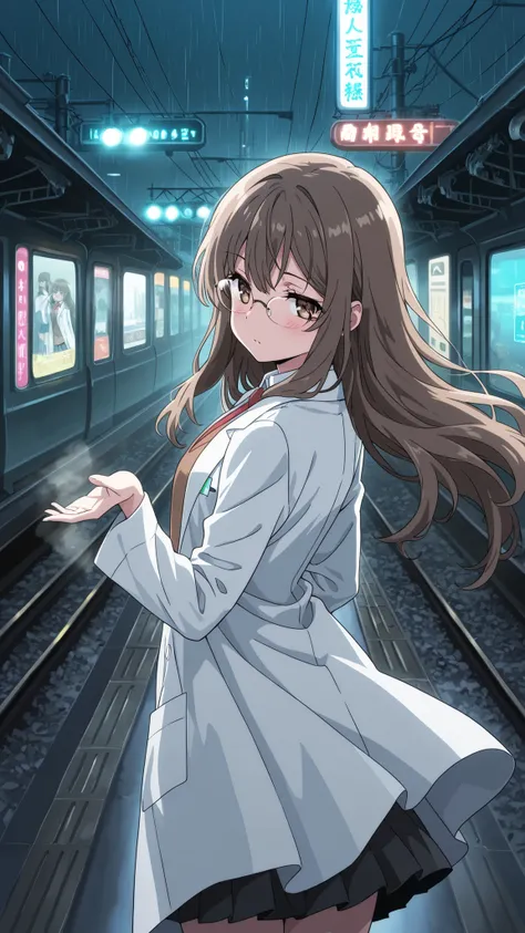 BREAK (masterpiece:1.2), best quality, high resolution, unity 8k wallpaper, (illustration:0.8), (beautiful detailed eyes:1.6),Empty neon-lit street in Tokyo,
puddles reflecting colorful signs,
soft rain falling, steam rising from vents,
distant train...