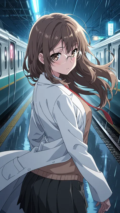 BREAK (masterpiece:1.2), best quality, high resolution, unity 8k wallpaper, (illustration:0.8), (beautiful detailed eyes:1.6),Empty neon-lit street in Tokyo,
puddles reflecting colorful signs,
soft rain falling, steam rising from vents,
distant train...