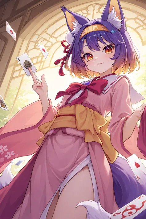 /* Hatsuse Izuna */ /* Steps=32 CFG=5.5 */
- masterpiece, best quality,
- Izuna \(No Game No Life\) \(holding a few card\)
- Cards in the air,
- ethereal and divine color palette