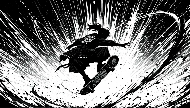 Sumi-e style monochrome illustration of a lone samurai wearing stylish, ornate Japanese armor, captured in an extreme close-up dynamic shot while performing a spectacular skateboard trick in mid-air, bold ink brush strokes, high contrast black and white to...