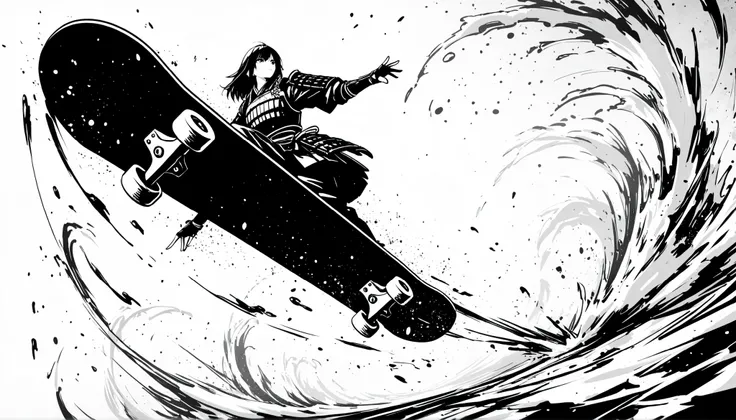 Sumi-e style monochrome illustration of a lone samurai wearing stylish, ornate Japanese armor, captured in an extreme close-up dynamic shot while performing a spectacular skateboard trick in mid-air, bold ink brush strokes, high contrast black and white to...