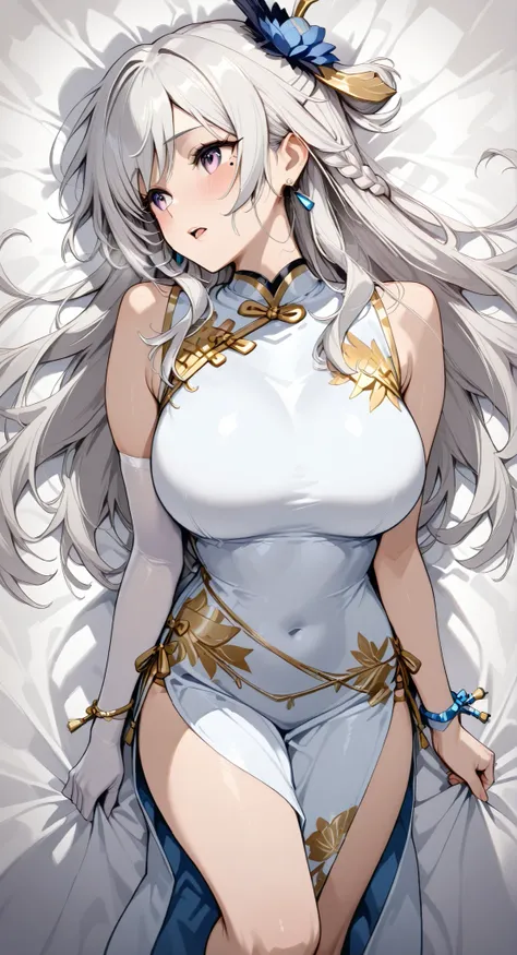 mole under eye、Left arm bracelet、Right Wrist Bracelet、Sleeveless Chinese Clothes、anime girl、髪に花を挿したBraids、gray hairの神、Anime Goddess、gray hairの、gray hairの女性、gray hair、Portrait of a Chinese Zodiac knight with her whole body lying on her back、Kaiji Jinyao、Gen...