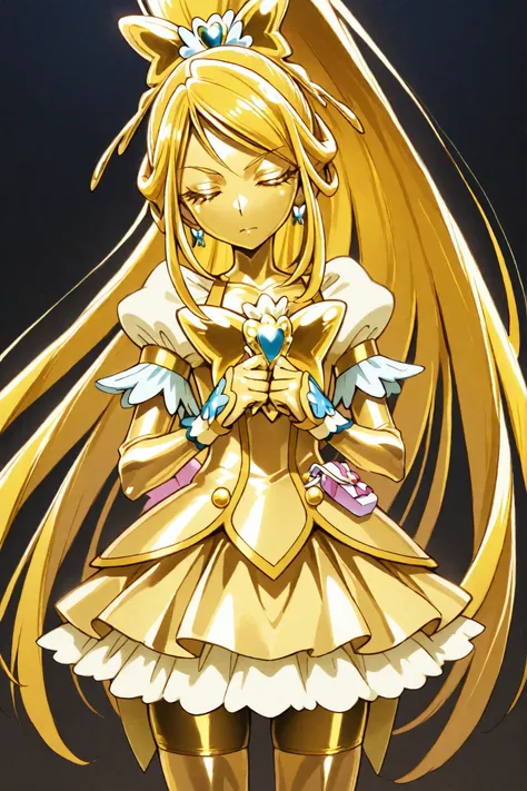 Cure Aqua, masterpiece, best quality, Newest, Very High Definition, closed eyes, yellow hair, yellow sclera, closed mouth, No students, Yellow skin, shiny skin, metal skin, Black eyebrows, Hanging Eyebrows, 1girl, solo, cowboy shot, Good posture, standin...