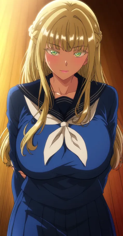 amazing quality,very aesthetic,absurdres,best quality,newest,masterpiece,4k resolution,1girl,solo,<lora:anime_screencap-Illustrious:1>,anime screencap,<lora:Louisa_Richter_Noob_Lora:1>,Louisa Richter,Blonde Hair,Green Eyes,Braids,Huge Breasts,french braid,...