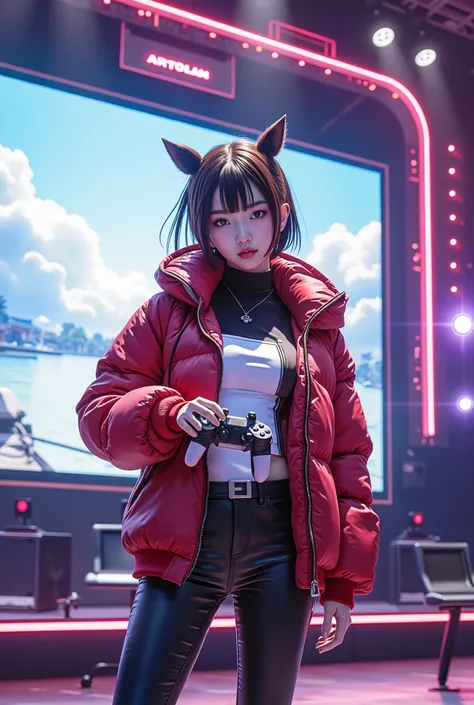 (( Highest image quality after the audience 、In 8K、masterpiece:1.3))Gaming Event Venues、Kazusa holds the、controller standing on stage in front of the monitor、armed idol girl、jacket