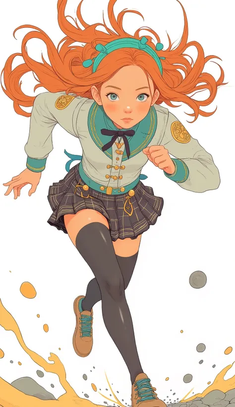 A dynamic character is sprinting at full speed, It captures energy and movement、Uma Musume. Her Long, reddish orange hair flows behind her, Supported in part by a green headband accented with ribbons, matches the vibrant green and white outfit she wears. S...
