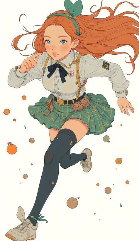 A dynamic character is sprinting at full speed, It captures energy and movement、Uma Musume. Her Long, reddish orange hair flows behind her, Supported in part by a green headband accented with ribbons, matches the vibrant green and white outfit she wears. S...