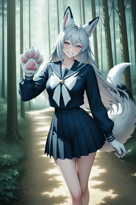 yukiko, Girl with shemo ears , Farley, ((dark blue sailor suit, pleated miniskirt)), (Forest Park Scenery:1.4), Fox Beast Woman , 白Fox Beast Woman , (fox ears, fox tail, Fox's front paws, white paw:1.2), 美Seems, Exquisite , Anime Style, gray hair, roun...