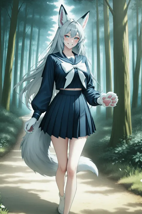 yukiko, Girl with shemo ears , Farley, ((dark blue sailor suit, pleated miniskirt)), (Forest Park Scenery:1.4), Fox Beast Woman , 白Fox Beast Woman , (fox ears, fox tail, Fox's front paws, white paw:1.2), 美Seems, Exquisite , Anime Style, gray hair, roun...