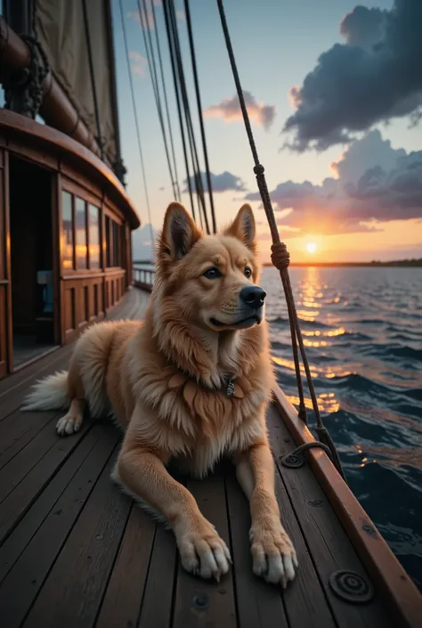 A serene analog photo in Renaissance style depicts a majestic dog with fluffy golden fur and a serene expression lying at dusk on the worn wooden deck of an antique sailing boat against the background of a dark and calm sea, where thin waves gently roll ov...