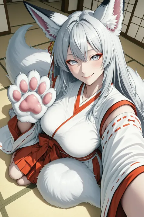 yukiko, Girl with shemo ears , Farley, ((god社の巫女衣裳)), selfie with smartphone:1.4, (god社の背景), Fox Beast Woman , 白Fox Beast Woman , (fox ears, fox tail, Fox's front paws, white paw:1.2), 美Seems, Exquisite , Anime Style, gray hair, round face, big eyes, S...