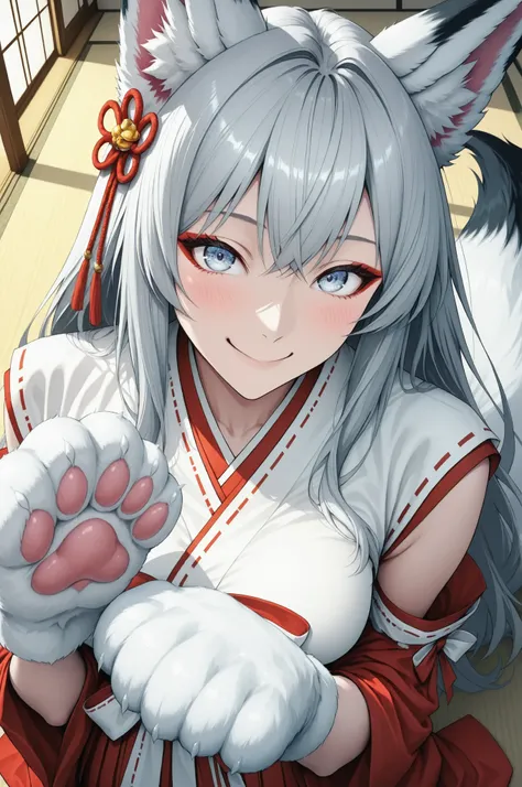 yukiko, Girl with shemo ears , Farley, ((god社の巫女衣裳)), Take a selfie with your smartphone:1.4, (god社の背景), Fox Beast Woman , 白Fox Beast Woman , (fox ears, fox tail, Fox's front paws, white paw:1.2), 美Seems, Exquisite , Anime Style, gray hair, round face,...