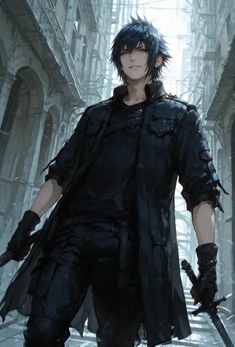 (score_9,score_8_up,score_7_up),((MAN, 1 MAN, NOCTIS LUCIS CAELUM , FINAL FANTASY XV, NOCTIS full BLACK clothers, WITH A SWORD,), ,,extremely detailed,dynamic lighting,best quality,,,best quality,high quality,, , dynamic angle, , thick thighs, motion lines...