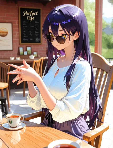 1girl, Nyann, long hair, yellow eyes, dark purple hair, hair between eyes, perfect detailed 5fingers ,casual costume,sunglasses,depth of field, fake traditional media, Picturesque, Impressionism, masterpiece, high score,  Great score , very high resolution...