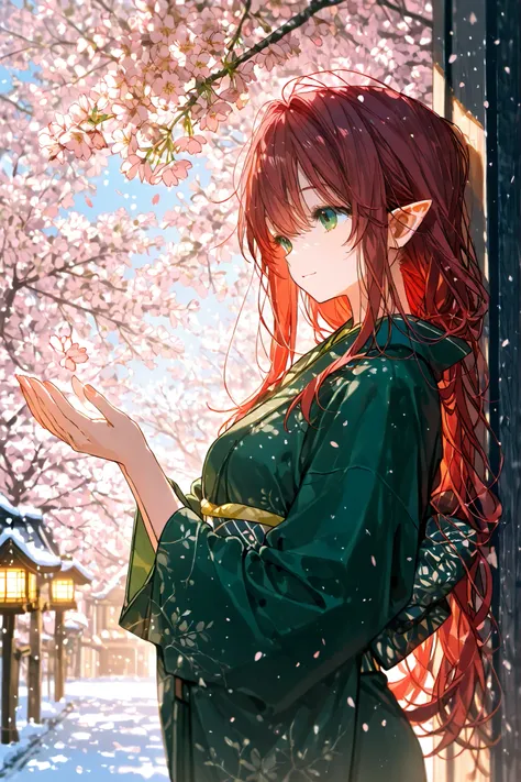 Red hair、Dark green eyes、extra long lashes、Rin々Seems、super long hair、30 years old、high resolution、high image quality、Elf、 kimono、Clear、up、 cherry blossoms at night、snow、Kasuga lanterns 、firefly、