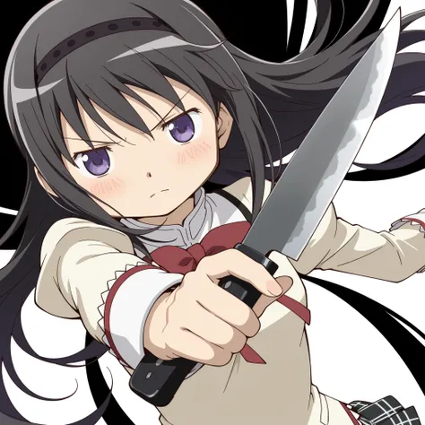 masterpiece, best quality, newest, absurdres, highres, safe, anime style, anime capture, anime screen, 1girl, solo, mahou shoujo madoka magica, akemi homura, purple eyes, black hair, long hair, black hairband, mitakihara school uniform, collared shirt, red...